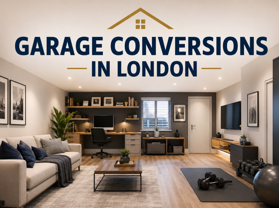 Modern garage conversion in London transformed into a stylish living space with home office and gym area.