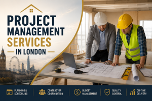 Professional project management team reviewing construction plans for a home renovation project in London.